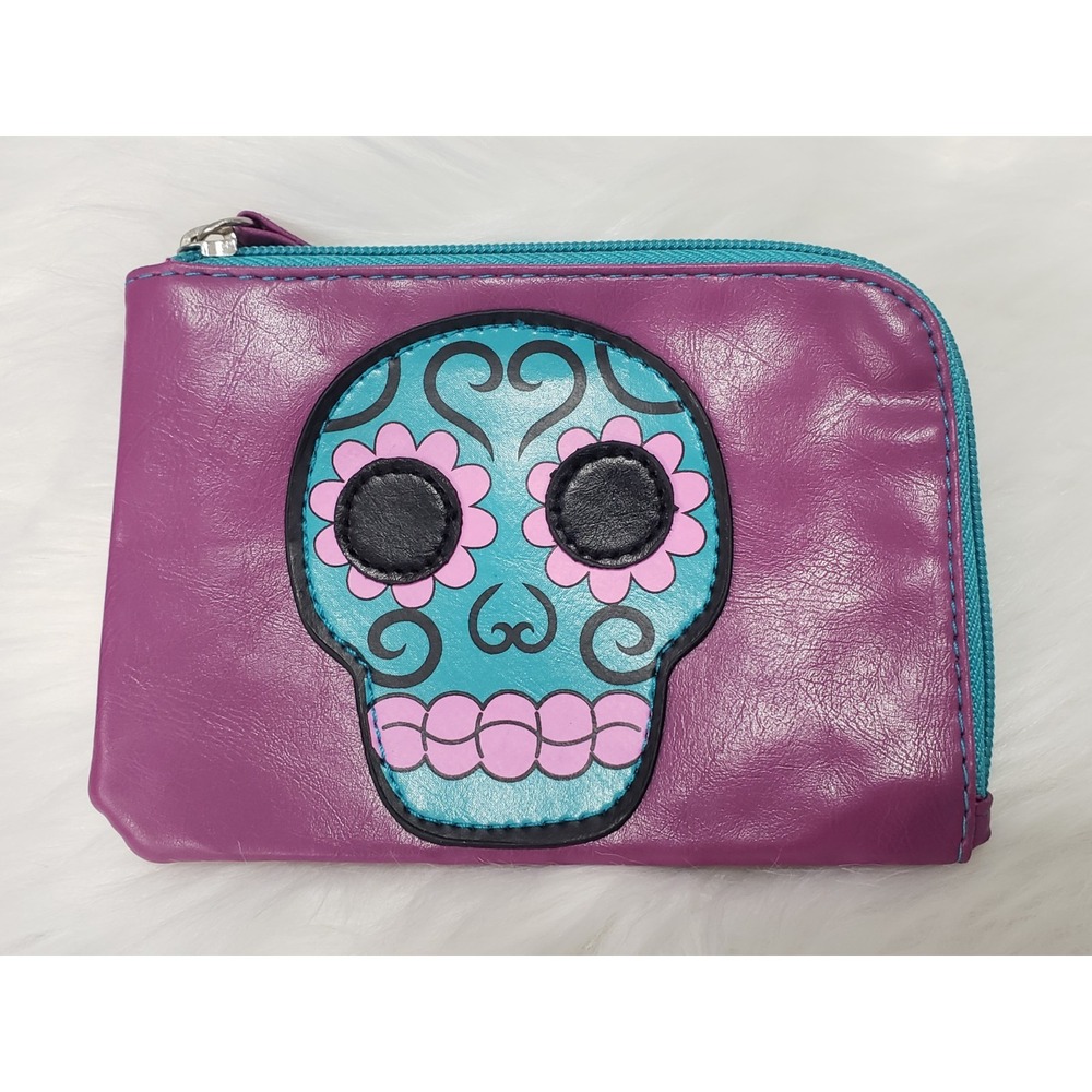 Day of the Dead Zippered Coin Purse Card Holder Purple Teal faux leather target